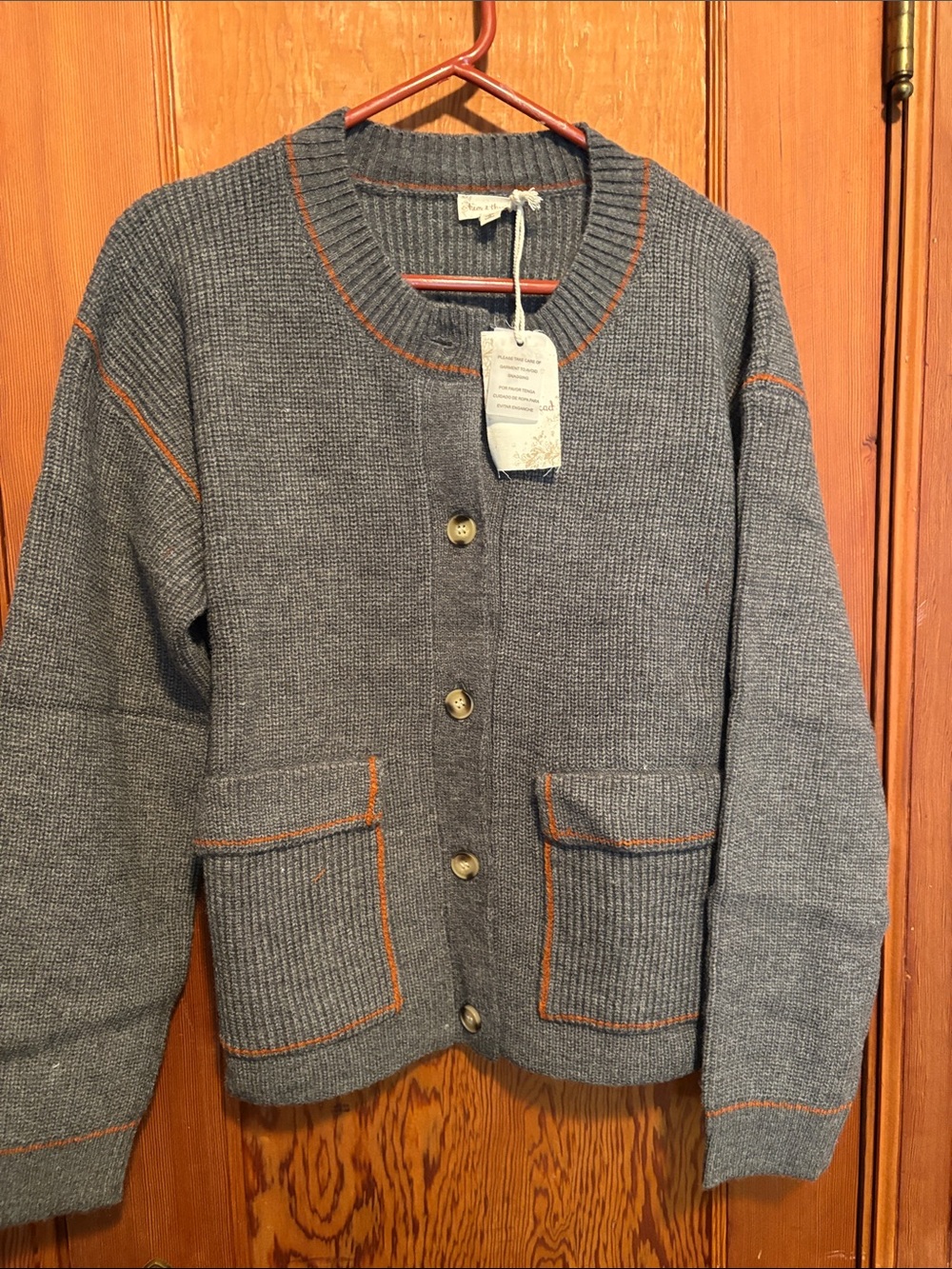Hem & Thread Gray Cardigan with Orange Contrast Stitching